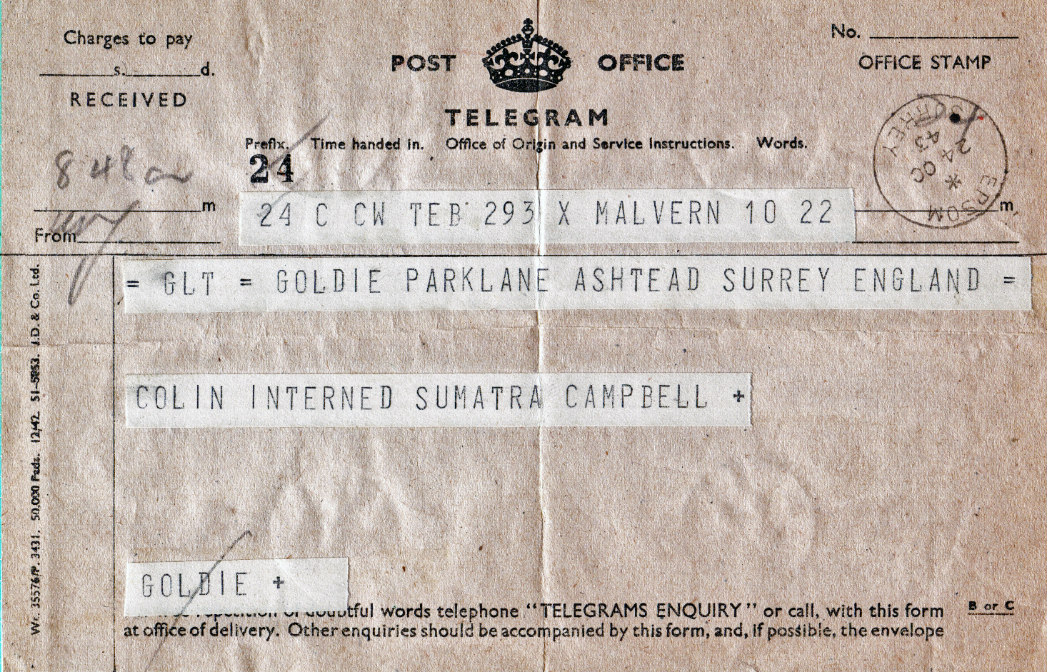 Telegram received 24 October 1943, Colin interned
