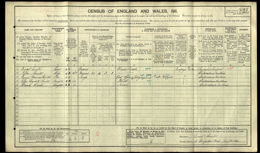 Ernest Freeman Hunter on the 1911 census