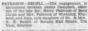 Paterson - Bedell Engagement Announcement 15 February 1940