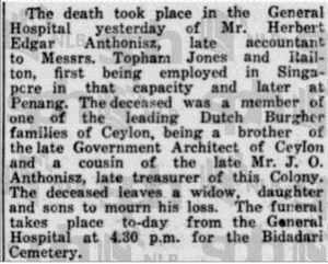 Herbert Edgar Anthonisz Death Notice 16 February 1924