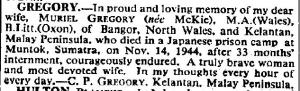 Palembang - Death Notice - Muriel Gregory The Times - 14 Nov 1945