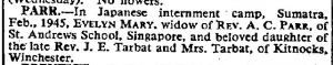 Palembang - Death Notice of Parr The Times Oct 24 1945