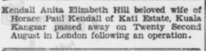 Kendall Death Announcement 26 Aug 1939