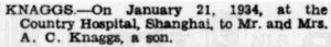 Knaggs Birth Announcement % Feb 1934