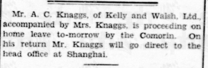 Knaggs goes to Shanghai 30 March 1933